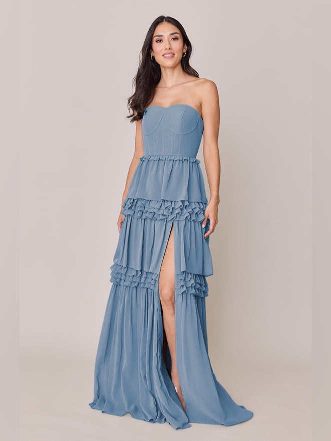 Revelry Adeline Chiffon Dress French Blue Size 4 Lined Hi Side Slit Ret: $229